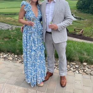 Blue Long Dress with cut-out waist and puffy sleeves